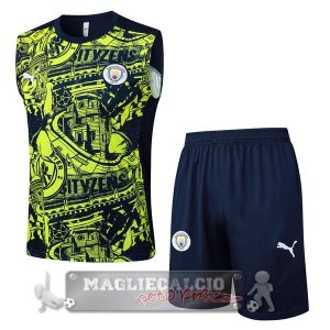 Set Completo Maglia Senza Maniche Formazione Manchester City 2024 2025 Blu Navy Verde