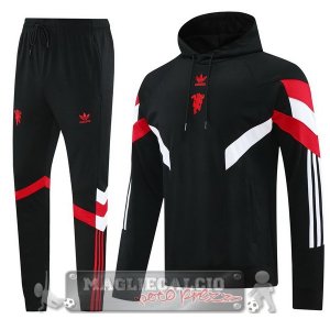 Giacca Set Completo Felpa Cappuccio Manchester United 2024 2025 Nero Rosso