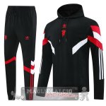 Giacca Set Completo Felpa Cappuccio Manchester United 2024 2025 Nero Rosso