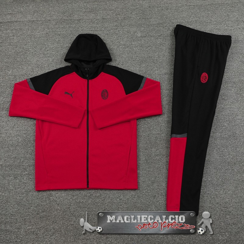 Set Completo Giacca Felpa Cappuccio AC Milan 2024-25 Negro Rojo